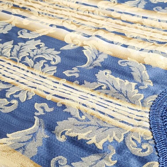 Vtg Baroque Leaf Stripe Valance Blue Camel Brown Scalloped Edge Fringe 50 inch - Picture 2 of 2